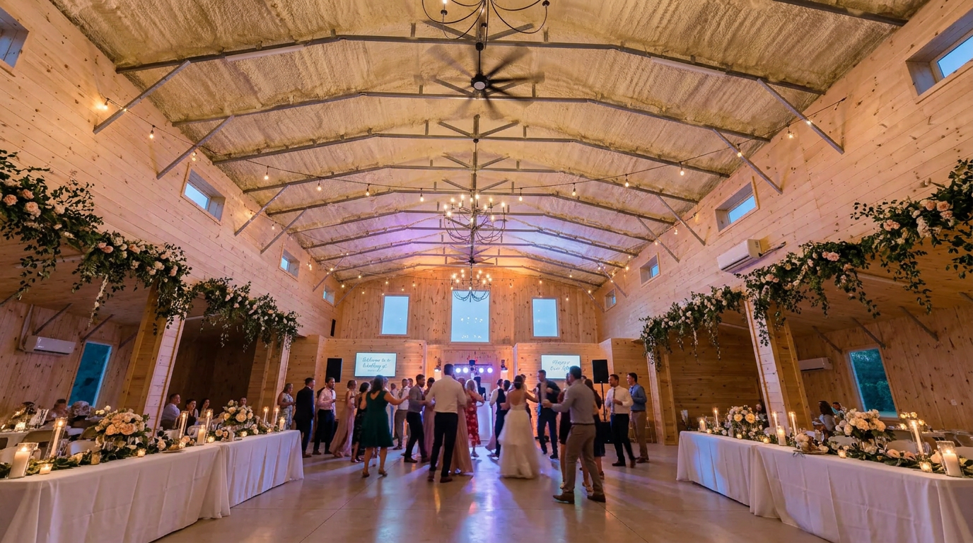 Wedding guests dancing in the vaulted event hall under iron chandeliers