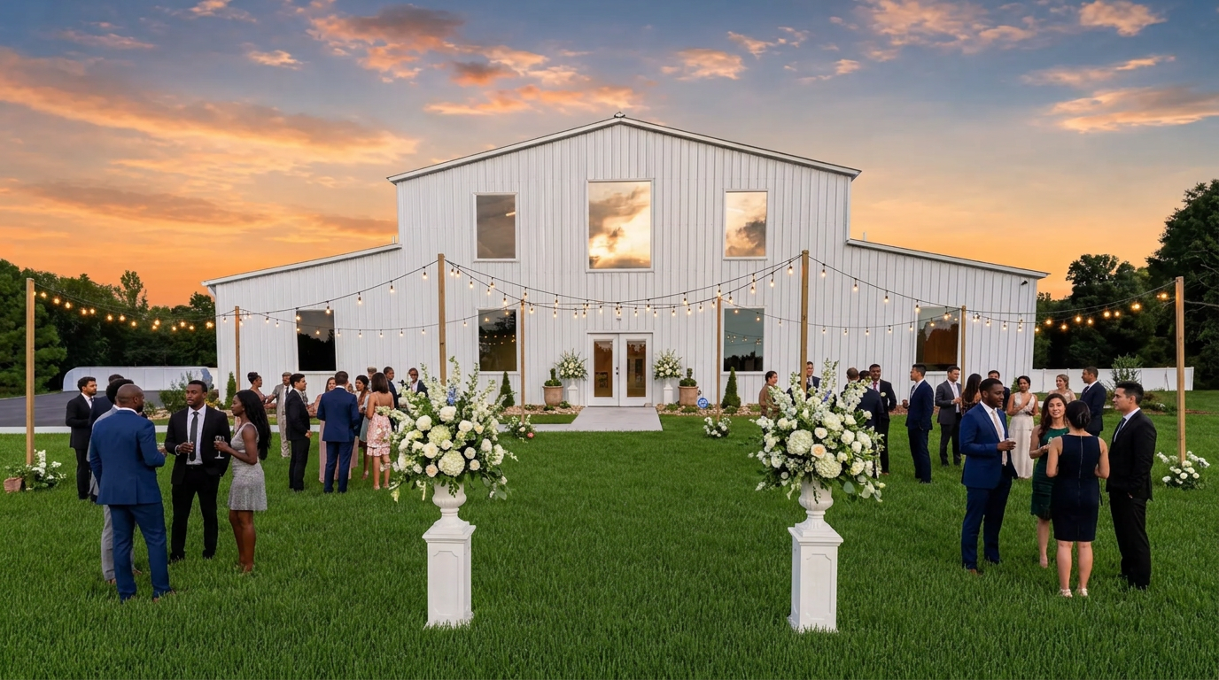 Guests arriving at the white barn for a wedding at golden hour